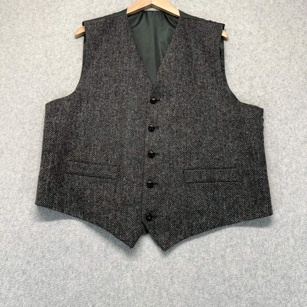 Harris Tweed Men's 2 Piece Wool Herringbone Blazer Vest Suit Set Gray 44